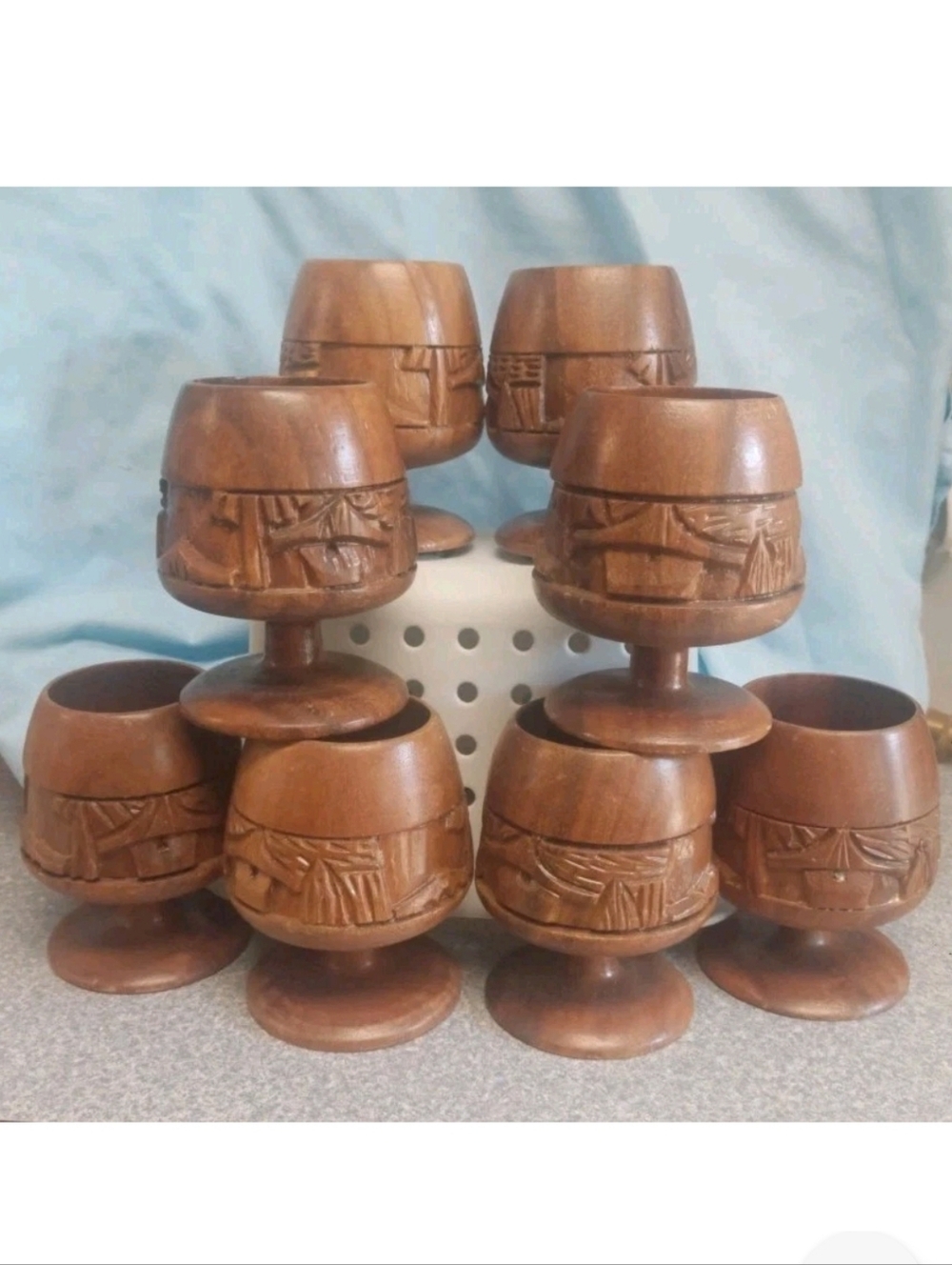 Hand-Carved 8 Piece Wooden Goblet Set From Fiji - Rustic Home Accents